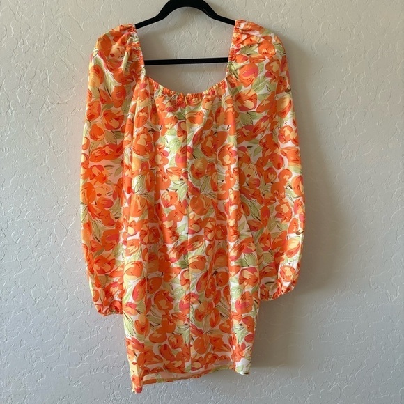 Cider Orange Floral Long Puff Sleeve Tie Front Mini Dress Resort Vacation Size S - Picture 10 of 12